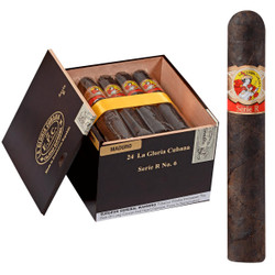 La Gloria Cubana Cigars Serie R No. 6 Maduro (No Cello) 24 Ct. Box 5.88X60, featuring a close-up of a single Maduro cigar with a band, and an open box displaying multiple cigars with labels. La Gloria Cubana Cigars Serie R No. 6 Maduro (No Cello) 24 Ct. Box 5.88X60, featuring a close-up of a single Maduro cigar with a band, and an open box displaying multiple cigars with labels.