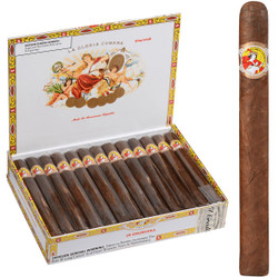 La Gloria Cubana Cigars Churchill Natural 25 Ct. Box 7.00X50, a box of premium cigars with a detailed illustration of a woman and children on the lid, and a close-up of a single cigar with a La Gloria Cubana band.