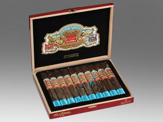 E.P Carrillo Cigars Perez Carrillo La Historia E-III Cigars 10 Ct. Box, opened cigar box showing ten cigars with colorful bands inside a wooden case. E.P Carrillo Cigars Perez Carrillo La Historia E-III Cigars 10 Ct. Box, opened cigar box showing ten cigars with colorful bands inside a wooden case.