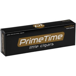 Prime Time Little Cigars Vanilla 10/20, rectangular black box with gold and white branding and text indicating vanilla flavor and quantity. Prime Time Little Cigars Vanilla 10/20, rectangular black box with gold and white branding and text indicating vanilla flavor and quantity.
