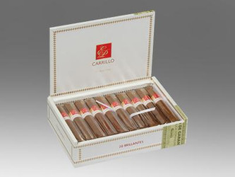 E.P Carrillo Cigars EP Carrillo Cigars Brillantes 20 Ct. Box, opened white cigar box displaying twenty cigars with red and gold band design inside.