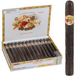 La Gloria Cubana Cigars Churchill Maduro 25 Ct. Box 7.00X50, a full box of cigars with a dark Maduro wrapper, displayed open with one cigar outside showing the label and packaging design. La Gloria Cubana Cigars Churchill Maduro 25 Ct. Box 7.00X50, a full box of cigars with a dark Maduro wrapper, displayed open with one cigar outside showing the label and packaging design.
