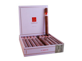 E.P Carrillo Cigars EP Carrillo Cigars Gran Via 20 Ct. Box, open white cigar box displaying 20 cigars with one cigar outside the box. E.P Carrillo Cigars EP Carrillo Cigars Gran Via 20 Ct. Box, open white cigar box displaying 20 cigars with one cigar outside the box.