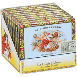 La Gloria Cubana Cigars Petit Natural 10/10 Tins 4.31X32, colorful product packaging with vintage artwork and gold accents. La Gloria Cubana Cigars Petit Natural 10/10 Tins 4.31X32, colorful product packaging with vintage artwork and gold accents.