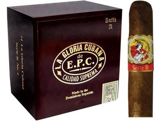 La Gloria Cubana Cigars Serie R No. 4 Natural (No Cello) 24 Ct. Box 4.88X52, image of a cigar next to its dark brown packaging box with gold and white text and a logo. La Gloria Cubana Cigars Serie R No. 4 Natural (No Cello) 24 Ct. Box 4.88X52, image of a cigar next to its dark brown packaging box with gold and white text and a logo.