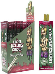 Lion Rolling Circus Hemp Wraps Strawberry 25/2, retail display of hemp wraps featuring strawberry flavor with a cartoon woman holding rolled hemp wraps. Lion Rolling Circus Hemp Wraps Strawberry 25/2, retail display of hemp wraps featuring strawberry flavor with a cartoon woman holding rolled hemp wraps.