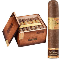 E.P Carrillo Cigars Inch Natural Cigars No.62 24 Ct. Box, open wooden cigar box with multiple cigars inside and a single cigar standing upright outside the box. E.P Carrillo Cigars Inch Natural Cigars No.62 24 Ct. Box, open wooden cigar box with multiple cigars inside and a single cigar standing upright outside the box.