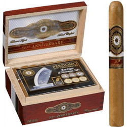 Perdomo 20th Anniversary Connecticut Cigars Robusto 24 Ct. Box, open wooden box displaying cigars with decorative label and anniversary branding. Perdomo 20th Anniversary Connecticut Cigars Robusto 24 Ct. Box, open wooden box displaying cigars with decorative label and anniversary branding.