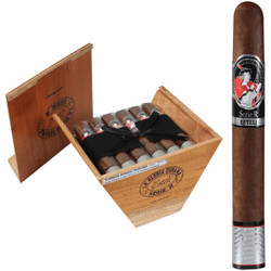 La Gloria Cubana Cigars Serie R Esteli No. Sixty, 18 Ct. Box 6.00X60, with a single cigar displayed next to an open wooden box containing multiple cigars.