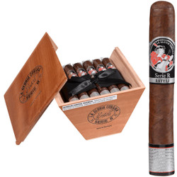 La Gloria Cubana Cigars Serie R Esteli No. Fifty-Four, 18 Ct. box with 6.00X54 cigars, displayed alongside a single cigar with detailed band.