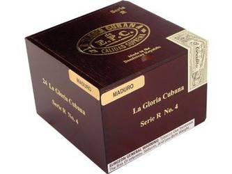 La Gloria Cubana Cigars Serie R No. 4 Maduro (No Cello) 24 Ct. Box 4.88X52, packaging of cigars in a dark brown box with gold and white text and logo.