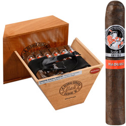 La Gloria Cubana Cigars Serie R Esteli Maduro No. Sixty-Four 18 Ct. Box 6.25X64, wooden cigar box with unopened cigars inside and a single Maduro cigar standing outside with band, detailed packaging. La Gloria Cubana Cigars Serie R Esteli Maduro No. Sixty-Four 18 Ct. Box 6.25X64, wooden cigar box with unopened cigars inside and a single Maduro cigar standing outside with band, detailed packaging.