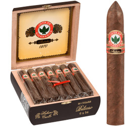 Joya De Nicaragua Cigars Antano 1970 Belicoso 20 Ct. Box 6.00X54, image of a wooden cigar box open showing five cigars with labeled bands and a single cigar standing next to the box. Joya De Nicaragua Cigars Antano 1970 Belicoso 20 Ct. Box 6.00X54, image of a wooden cigar box open showing five cigars with labeled bands and a single cigar standing next to the box.
