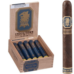Undercrown Cigars Seleccion Maduro Tubos 10 Ct. Box 6.00x50, a wooden cigar box containing five dark brown cigars with blue and gold labels, showing the cigar product packaging and branding. Undercrown Cigars Seleccion Maduro Tubos 10 Ct. Box 6.00x50, a wooden cigar box containing five dark brown cigars with blue and gold labels, showing the cigar product packaging and branding.