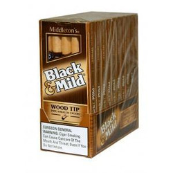John Middleton Black & Mild Original Wood Tip Cigars Pack, a brown box containing cigar packs with wood tip design and bold branding. John Middleton Black & Mild Original Wood Tip Cigars Pack, a brown box containing cigar packs with wood tip design and bold branding.