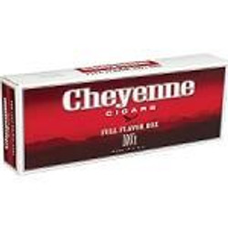 Cheyenne International Cheyenne Filtered Cigars Full Flavor, rectangular box with red and white packaging and bold branding. Cheyenne International Cheyenne Filtered Cigars Full Flavor, rectangular box with red and white packaging and bold branding.