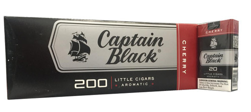 Captain Black Little Cigars Sweet Cherry, package of aromatic small cigars with black, red, and silver design elements. Captain Black Little Cigars Sweet Cherry, package of aromatic small cigars with black, red, and silver design elements.