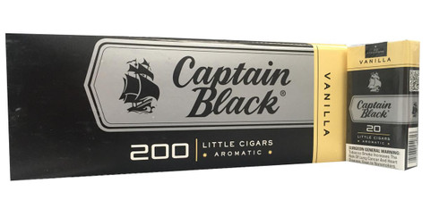 Product Scandinavian Tobacco Captain Black Little Cigars Madagascar Vanilla, black and yellow packaging box with ship logo and product details.