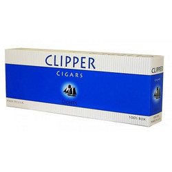 Global Tobacco Clipper Filtered Cigars Lights, box of cigars in white and blue packaging.
