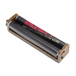 RAW 2-Way Rolling Machine 110MM, black and brown rolling machine with adjustable hemp plastic rollers for rolling cigarettes or herbal wraps.