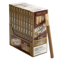 John Middleton Black & Mild Wood Tip Wine Cigars Pack, featuring cigarillos with wooden tips in a packaging box. John Middleton Black & Mild Wood Tip Wine Cigars Pack, featuring cigarillos with wooden tips in a packaging box.