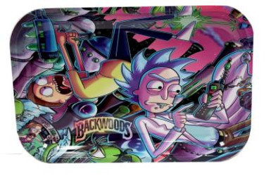 Backwoods R & M Small Rolling Tray, colorful and detailed illustration of a futuristic, sci-fi inspired scene with a character holding a phone and surrounded by vibrant, abstract elements.