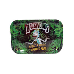 Backwoods R & M Leaves Small Rolling Tray, colorful tray featuring cartoon Rick from Rick and Morty with marijuana leaf designs and the text 'Get Riggity Riggity Wrecked Son!' Backwoods R & M Leaves Small Rolling Tray, colorful tray featuring cartoon Rick from Rick and Morty with marijuana leaf designs and the text 'Get Riggity Riggity Wrecked Son!'