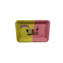 Backwoods SB Mini Rolling Tray, colorful rectangular tray featuring characters from SpongeBob SquarePants, with yellow and pink halves and cartoon graphics.
