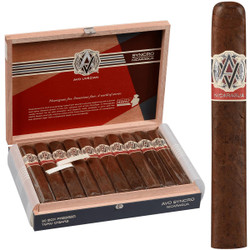 AVO Cigars Syncro Nicaragua Toro 20 Ct. Box, opened wooden box containing 20 cigars with a single cigar standing upright beside it. AVO Cigars Syncro Nicaragua Toro 20 Ct. Box, opened wooden box containing 20 cigars with a single cigar standing upright beside it.