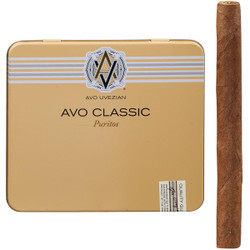 AVO Cigars Classic Puritos, image of a tin container featuring 10/10 tins of 4.00x30 cigars with a single cigar placed beside the tin.