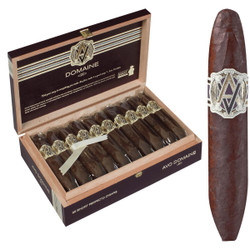 AVO Cigars Domaine <20> Short Perfecto 20 Ct. Box 4.63X50, a box of 20 premium cigars with a rich dark wrapper, arranged neatly inside a wooden box with a detailed label and individual cigar wrapping.