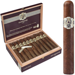 AVO Cigars Domaine <70> Toro 20 Ct. Box 6.00X54, a wooden box of premium cigars with a detailed band featuring the AVO logo, shown with one cigar outside the box for display.