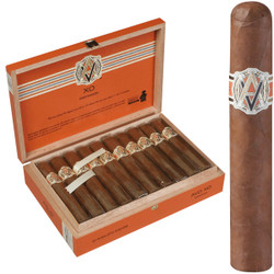 AVO Cigars XO Intermezzo Robusto 20 Ct. Box, orange wooden cigar box with cigars inside and a single cigar outside with detailed label.