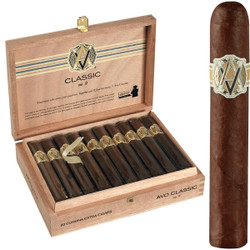 AVO Cigars Classic No. 9 Corona Extra 20 Ct. Box 4.75X48, tobacco cigars in a wooden box with golden logo and single cigar outside for premium smoking experience.