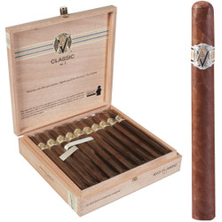 AVO Cigars Classic No. 3 Double Corona 20 Ct. Box 7.50X50, open wooden cigar box with 20 cigars arranged inside and a single cigar outside, featuring sleek design and gold accents on the cigar band.