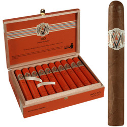 AVO Cigars XO Notturno Tubo Corona 20 Ct. Box 5.00X42, wooden cigar box open displaying 20 individually packed cigars with orange tubes and silver and black branding, with one cigar shown separately for detail.
