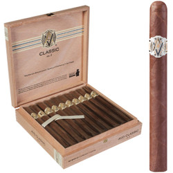 AVO Cigars Classic No. 5 Churchill 20 Ct. Box, opened wooden cigar box containing 20 cigars with a single cigar shown outside the box, featuring AVO's logo on the band. AVO Cigars Classic No. 5 Churchill 20 Ct. Box, opened wooden cigar box containing 20 cigars with a single cigar shown outside the box, featuring AVO's logo on the band.