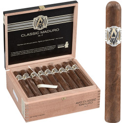 AVO Cigars Classic Maduro No.2 Toro, wooden cigar box containing 25 cigars with a dark maduro wrapper, displayed alongside a single cigar with a band, in a professional tasting and luxury packaging setting.