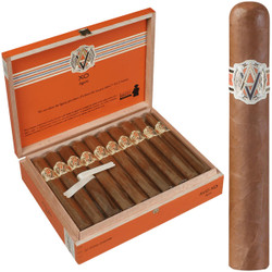 AVO Cigars XO Legato Toro 20 Ct. Box 6.00X54, wooden cigar box containing twenty cigars with an open lid showing the logo and branding, and a single cigar standing upright outside the box.