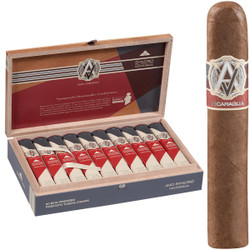 AVO Cigars Syncro Nicaragua Robusto Tubos 20 Ct. Box, wooden cigar box with 20 cigars in red, black, and white packaging, and one cigar outside showing the band with 'Nicaragua' branding.