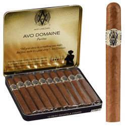 AVO Cigars Domaine Puritos 10/10 Tins 4.00X30, a box of premium cigars with a gold-colored lid inside a metal tin, featuring AVO branding and a silhouette of a man smoking.