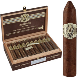 AVO Cigars Heritage Short Torpedo 20 Ct. Box 4.50X52, premium cigar box with 20 individually wrapped cigars featuring a distinctive gold and black logo on the band. AVO Cigars Heritage Short Torpedo 20 Ct. Box 4.50X52, premium cigar box with 20 individually wrapped cigars featuring a distinctive gold and black logo on the band.