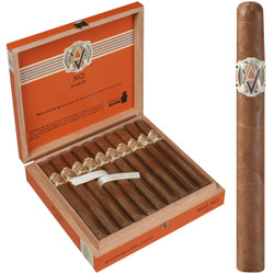 AVO Cigars XO Preludio Corona Larga 20 Ct. Box 6.00X40, open wooden cigar box with 20 cigars and a single cigar outside of the box for display.