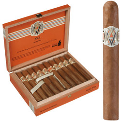 AVO Cigars XO Notturno Corona 20 Ct. Box 5.00X42, open wooden cigar box with 20 cigars inside and a close-up of a single cigar outside the box.