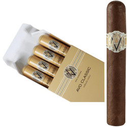 AVO Cigars Classic Robusto Tubos 4 Ct. Box 5.00X50, a set of four wrapped cigars in a yellow box with the AVA logo and a single cigar shown outside the box.