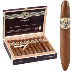 AVO Cigars Domaine <50> Perfecto 20 Ct. Box 5.75X54, a wooden box filled with 20 finely rolled cigars, each wrapped with AVO's distinctive logo band, showcasing premium cigar craftsmanship. AVO Cigars Domaine <50> Perfecto 20 Ct. Box 5.75X54, a wooden box filled with 20 finely rolled cigars, each wrapped with AVO's distinctive logo band, showcasing premium cigar craftsmanship.
