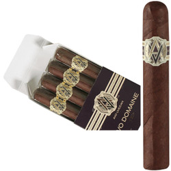 AVO Cigars Domaine Robusto, open box of 4 cigars with dark brown wrappers and gold and beige label.