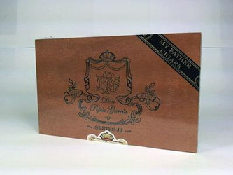 Don Pepin Garcia Cigars Series JJ Salomones 5 Ct. Box, wooden cigar box with ornate crest and design, featuring exclusive My Father Cigar branding. Don Pepin Garcia Cigars Series JJ Salomones 5 Ct. Box, wooden cigar box with ornate crest and design, featuring exclusive My Father Cigar branding.