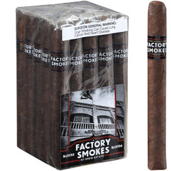 Factory Smokes Cigars Maduro Churchill 25 Ct. Bundle, medium brown Maduro cigars with a textured wrapper, displayed in a clear plastic box with a black and red label.