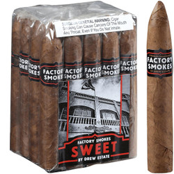 Factory Smokes Cigars Sweets Belicoso 20 Ct. Box 6.00x54, packaged in a clear plastic box with a label featuring a black and white illustration of a building, and individual cigars wrapped in brown tobacco leaf with black and red branding.